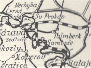 Výřez mapy z malé knihy s názvem Kafkův ilustrovaný průvodce po království Českém – díl IV. POSÁZAVÍ.  Na mapce je zakreslena jedna z variant, jak bylo plánováno zaústit do hlavní tratě z Kolína do Čerčan odbočku směrem na Kácov.